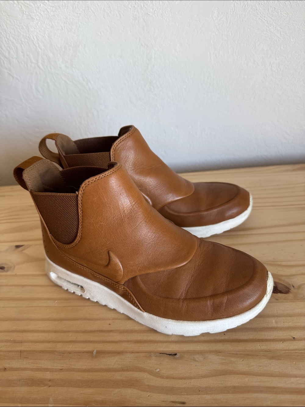 Nike Tan Leather Slip-On Sneakers with White Sole